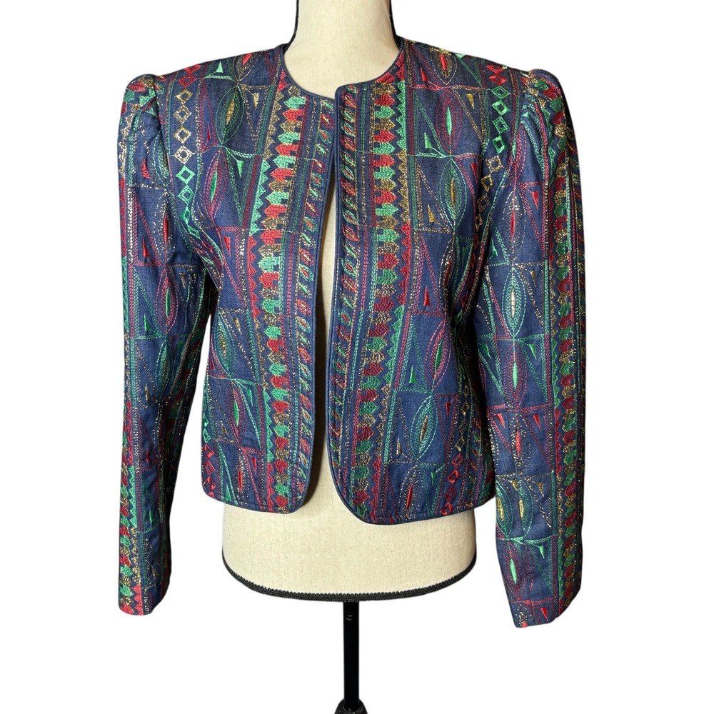 Vintage Jim Heilman Jacket Size 12 Blue Red Green Gold Embroidered Cropped